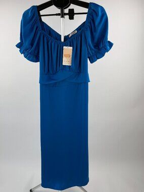 KIRUNDO Blue Puff Sleeve Maxi Dress Tie Back Square Neck XL NWT